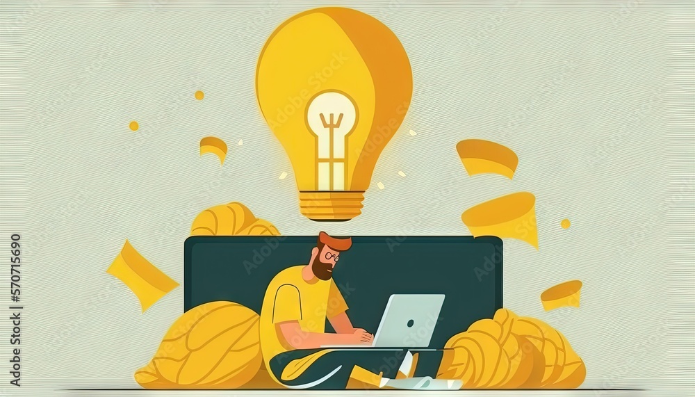  a man sitting on a couch with a laptop in front of him and a light bulb above his head on top of a 