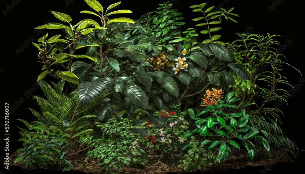  a painting of a garden with lots of plants and flowers on a black background with a black backgroun