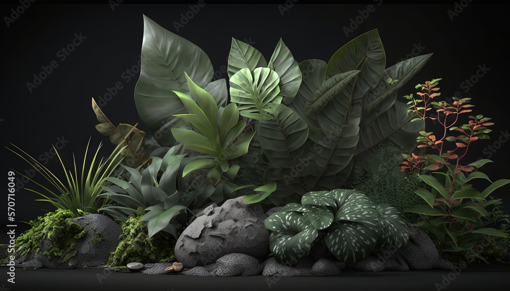  a bunch of plants that are on a black surface with rocks and plants in the middle of the picture an