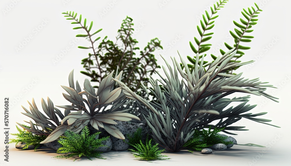  a bunch of plants that are on a white surface with rocks and grass in the foreground and a white ba