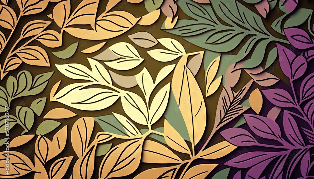  a painting of leaves on a brown and purple background with a green and yellow leaf pattern on the l