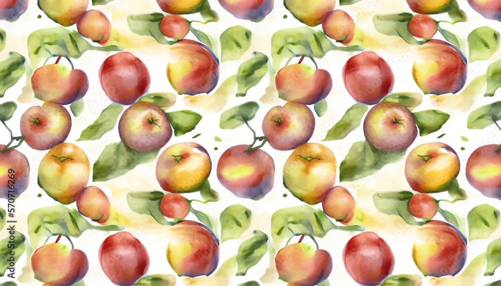  a watercolor painting of apples with leaves on a white background with a green leafy stem on the to