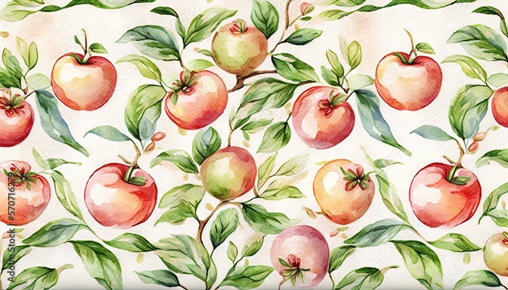  a watercolor painting of apples and leaves on a white background with green leaves and red apples o