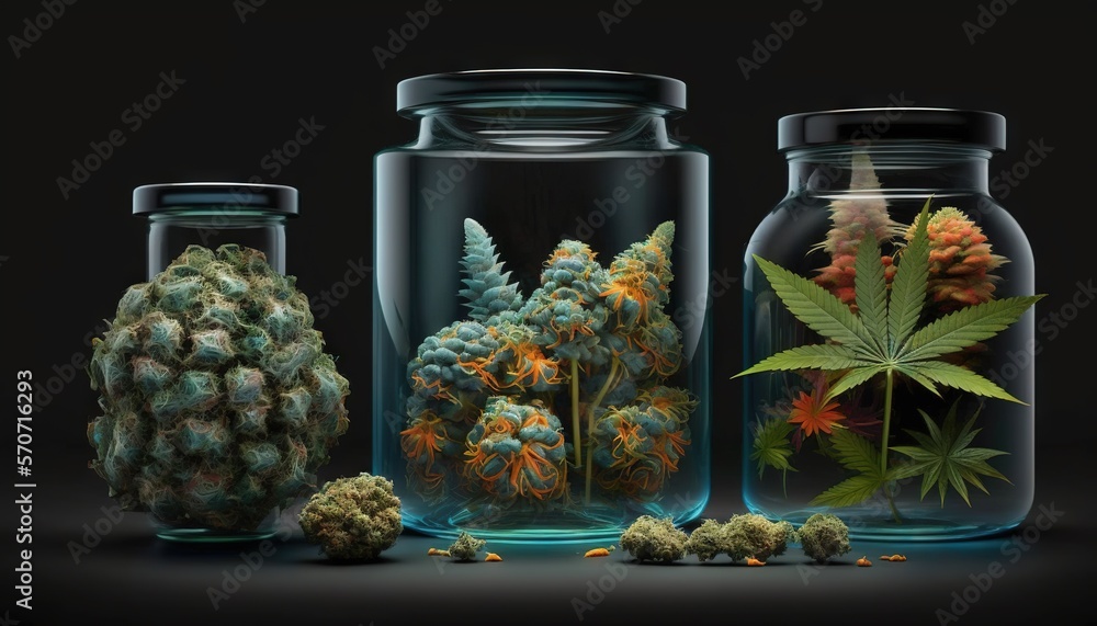  three glass jars filled with plants and marijuanas on a black background with a black background an