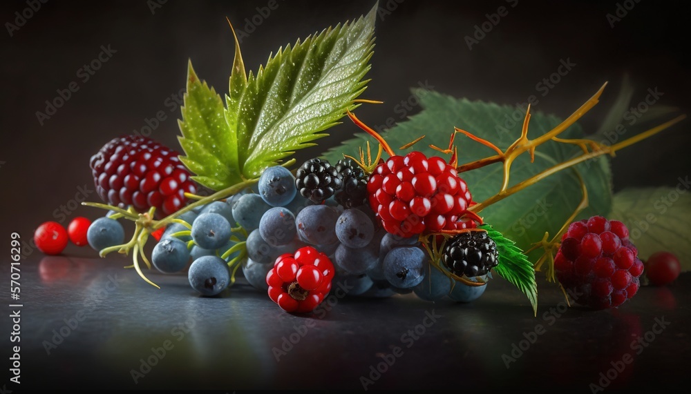  a bunch of berries and a leaf on a black surface with a green leaf on top of it and a red berry on 