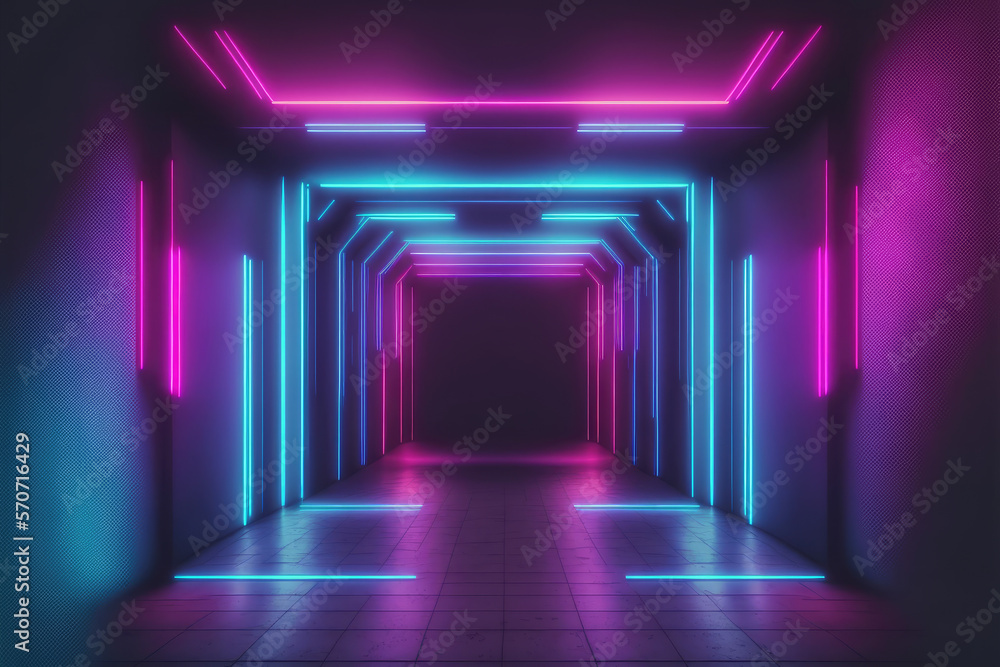 Neon light corridor tunnel with diminishing perspective view . Futuristic walking pathway. Peculiar 