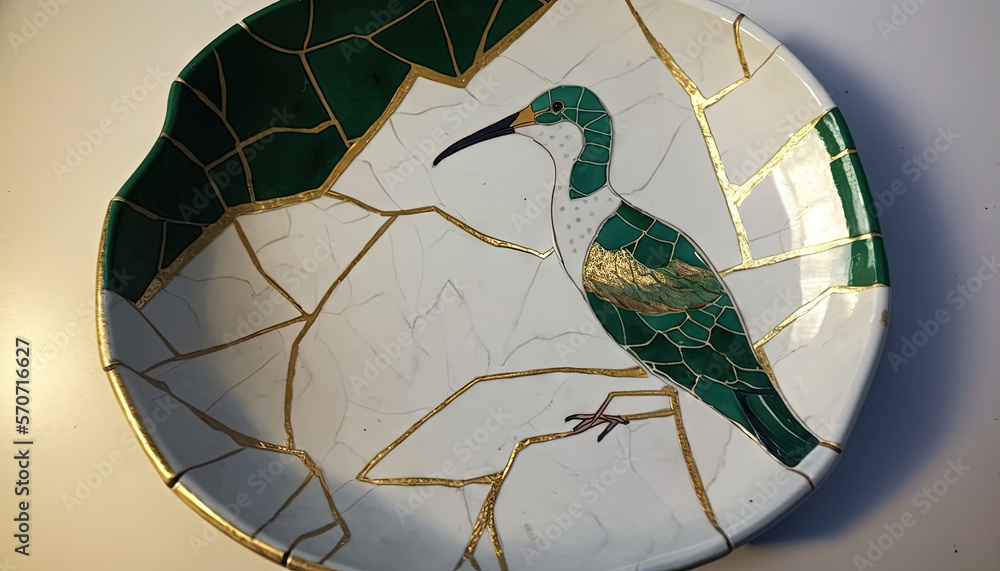  a plate with a bird on it on a table with a white wall and a white table top with a green and gold 