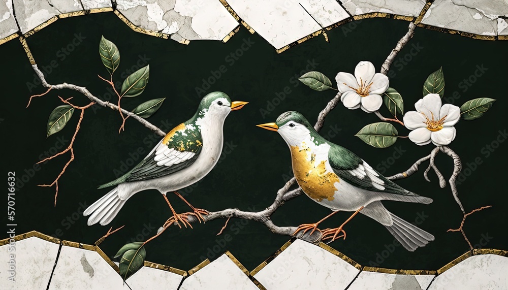  a painting of two birds sitting on a branch with white flowers on a green background with a broken 