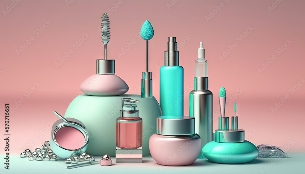  a collection of cosmetics and makeup products on a pink background with a pink background and a pin