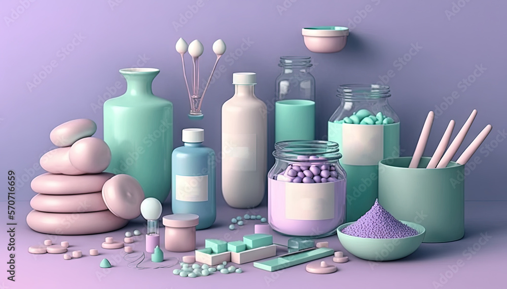  a variety of items are arranged on a purple background, including jars and spoons, a bowl, a bowl, 