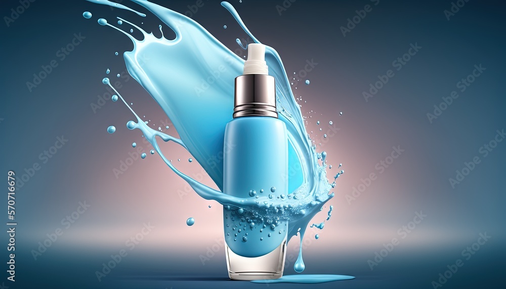  a bottle of blue liquid with a drop of water coming out of the top of it and a splash of water on t