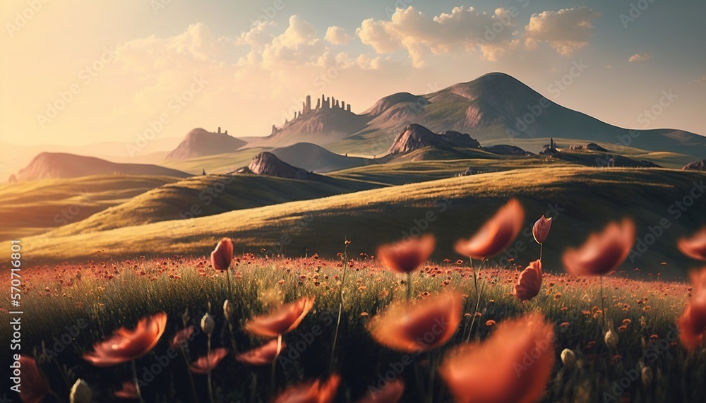  a painting of a field of flowers with a castle in the distance in the distance is a hill with a cas