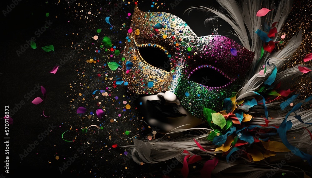  a carnival mask with feathers and confetti on a black background with confetti scattered around it 