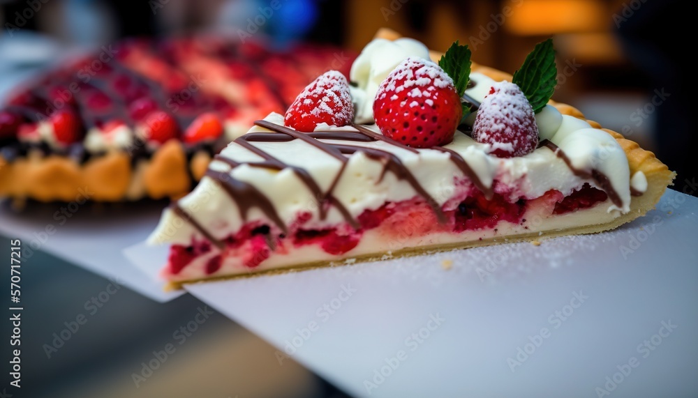  a piece of pie with strawberries on top of it on a table next to another pie with chocolate and str