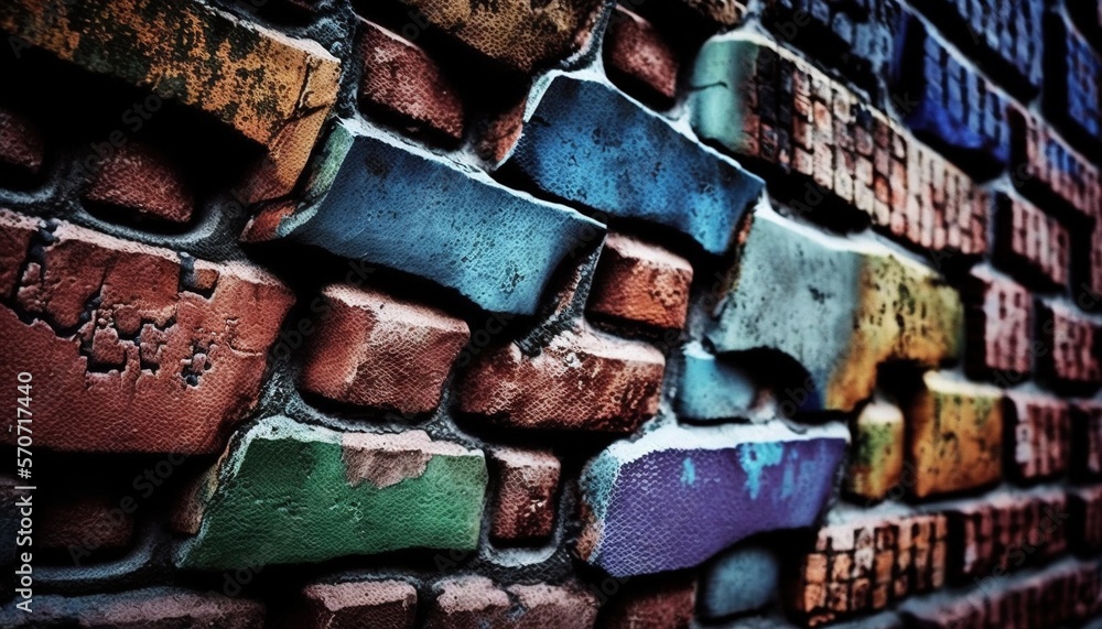  a colorful brick wall is shown in this artistic photo of a brick wall that has been painted with di