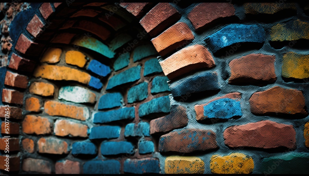  a close up of a brick wall with a circular hole in the middle of it with a blue sky in the backgrou