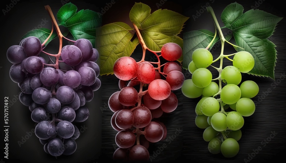  a bunch of grapes with green leaves on a black background with a black background and a red one wit