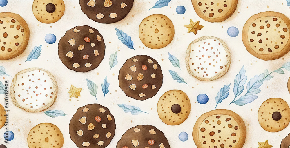  a painting of cookies and leaves on a white surface with blue and gold decorations on the edges of 