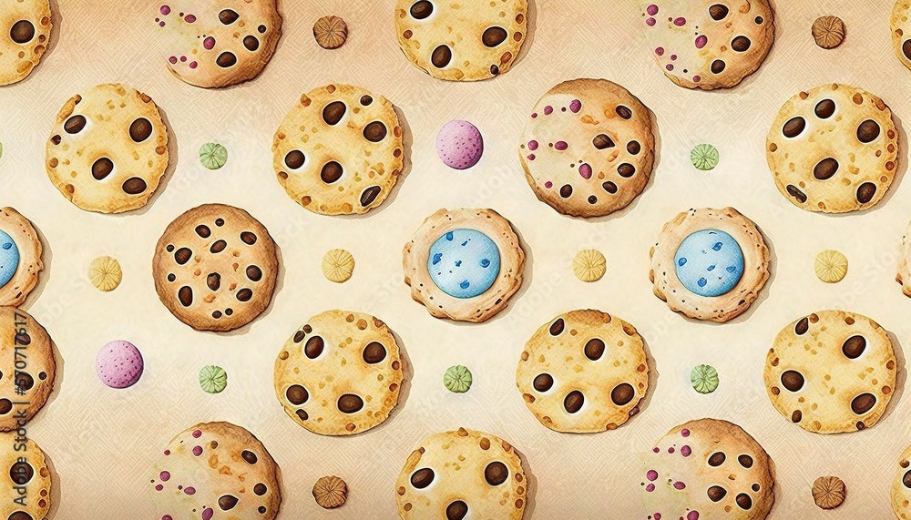  a painting of cookies and eggs on a tablecloth with polka dots and dots on the tablecloth, with a b