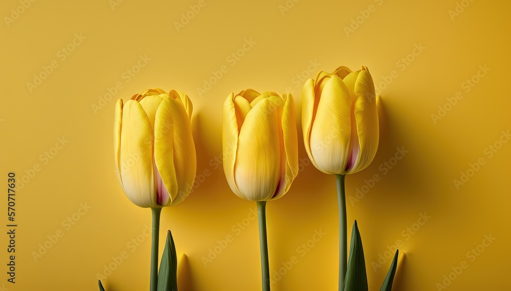  three yellow tulips against a yellow wall with green leaves on the bottom of the flowers and the bo