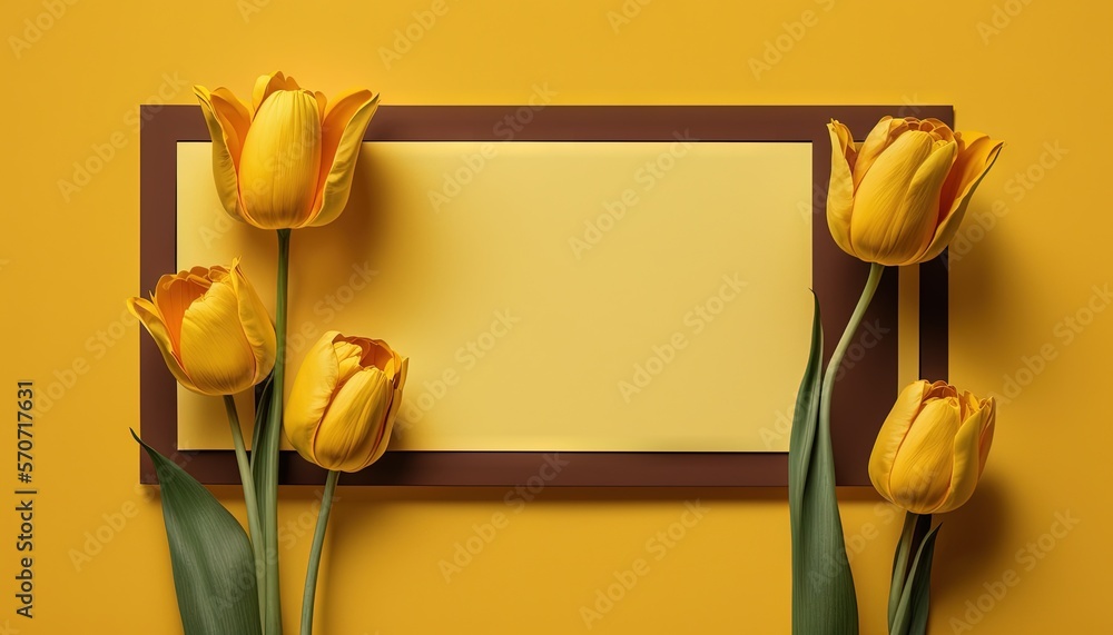  yellow tulips and a blank paper on a yellow background with a brown frame on the bottom of the pict