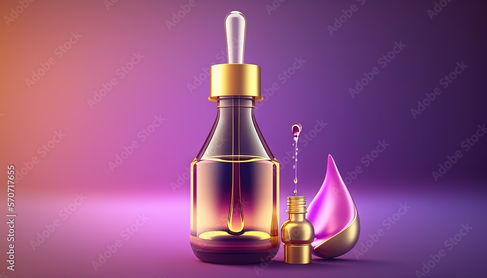  a bottle of oil with a dropper and a dropper of liquid on a purple and pink background with a dropp