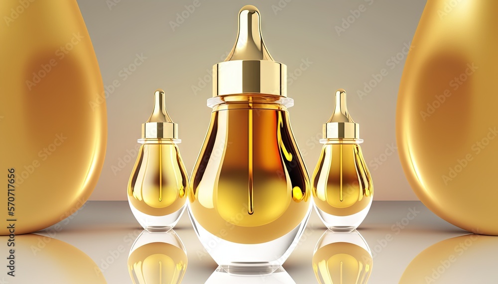  a set of three gold and white bottles with a gold top and a gold cap on a reflective surface with a