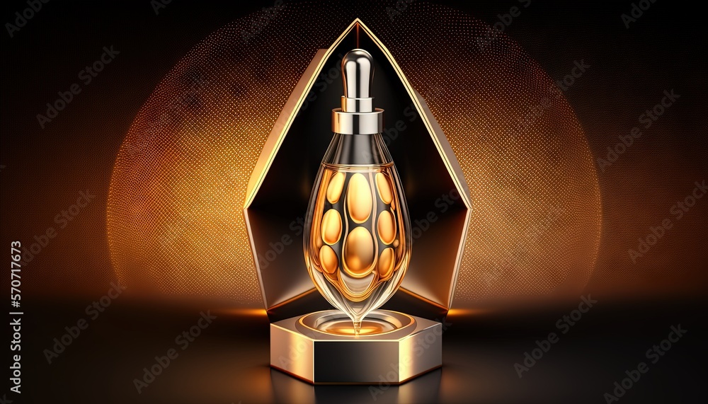  a bottle of perfume on a stand on a black background with a gold triangle around it and a light ref