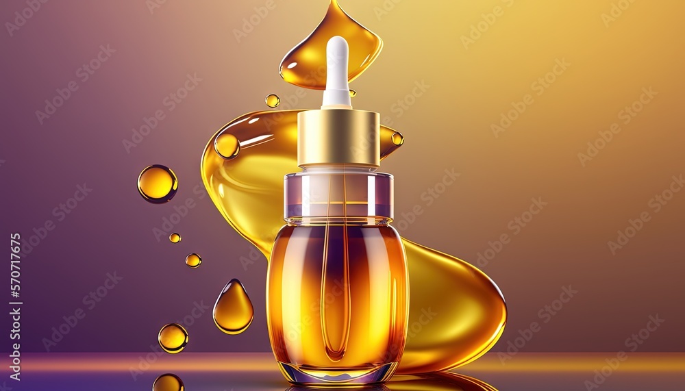  a bottle of liquid with a dropper on a purple and yellow background with drops of oil on the bottom