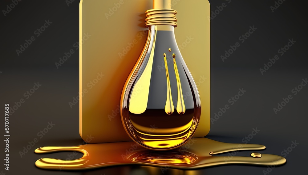  a bottle of oil sitting on top of a table next to a golden box with a drop of oil on it and a golde