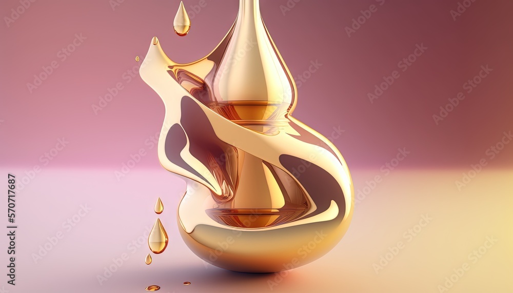  a gold vase with a liquid splashing out of it on a pink background with a pink background and a yel