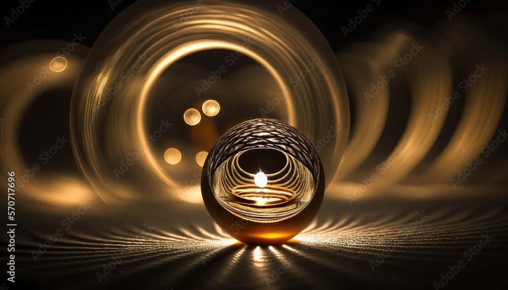  a candle is lit up in the middle of a dark room with a spiral design on its wall and a light shini