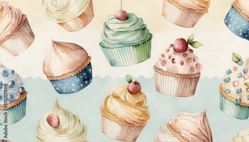  a painting of a bunch of cupcakes with different toppings on top of each cupcake, with a strawberry