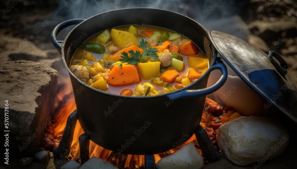  a pot of stew sitting on top of a stove next to a campfire with a pot on top of it and a bunch of v