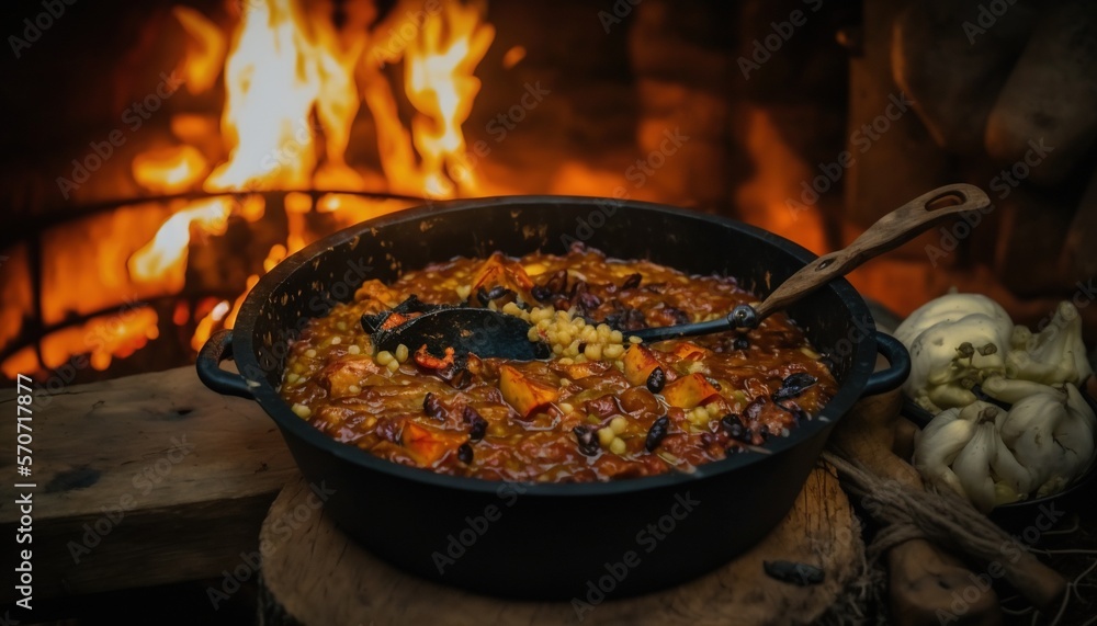  a pot of food sitting in front of a fire with a wooden spoon in the middle of the pot and a fire in