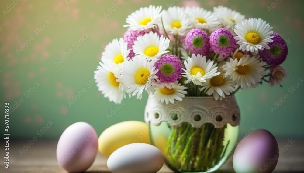  a vase filled with white and yellow flowers next to eggs on a wooden table with a green wall in the