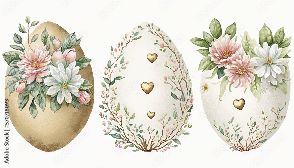  three decorated eggs with flowers and hearts on them, one of which is painted gold and the other is