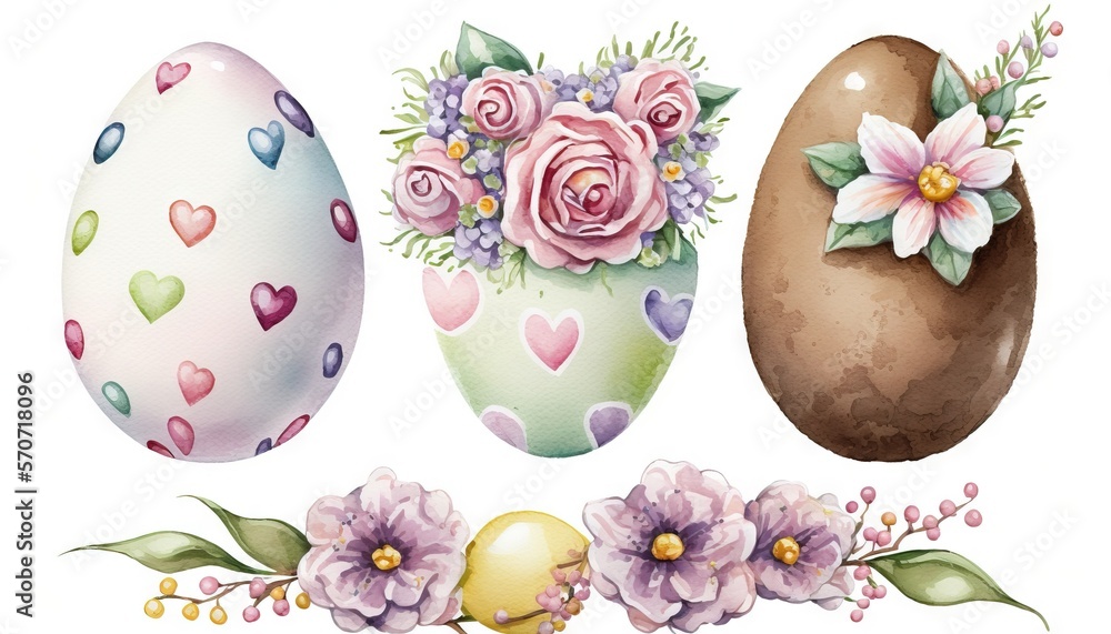  a set of four easter eggs with flowers and hearts on them, each decorated with a different kind of 