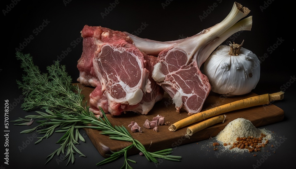  a couple of raw meats sitting on top of a wooden cutting board next to garlic and a peppercorin spr