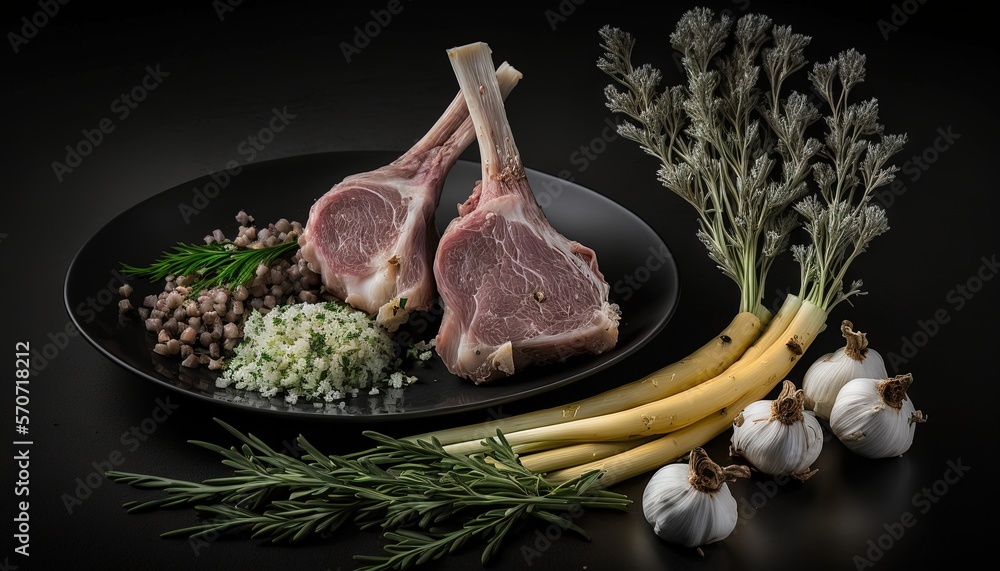  a black plate topped with meat next to garlic and other vegetables and herbs on a black tablecloth 