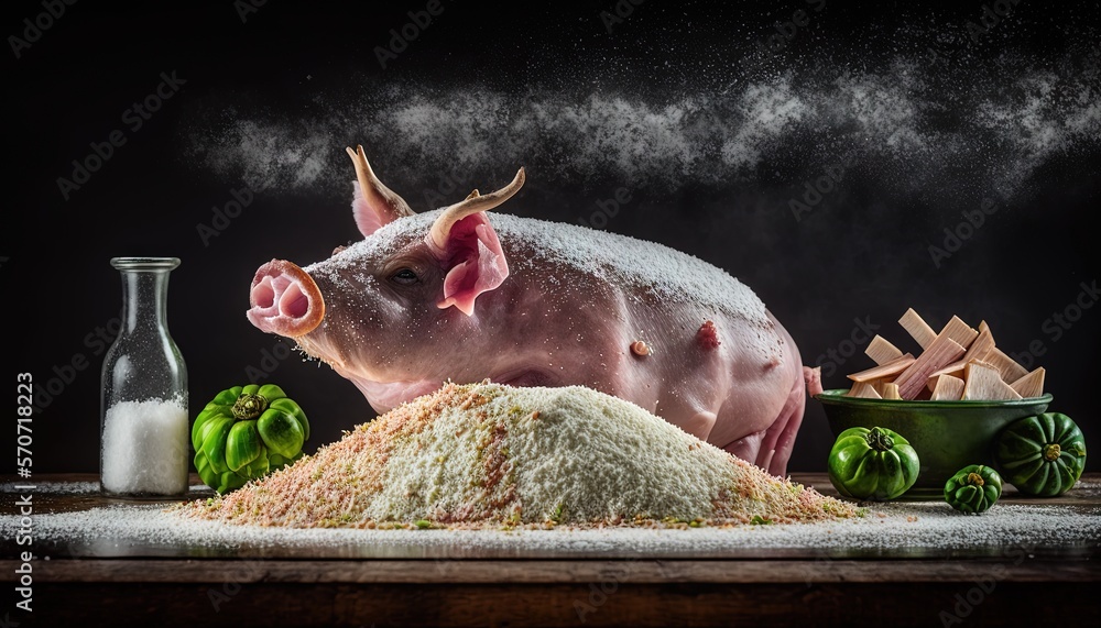  a pig standing in front of a pile of flour next to a bottle of salt and pepper shakers on a wooden 