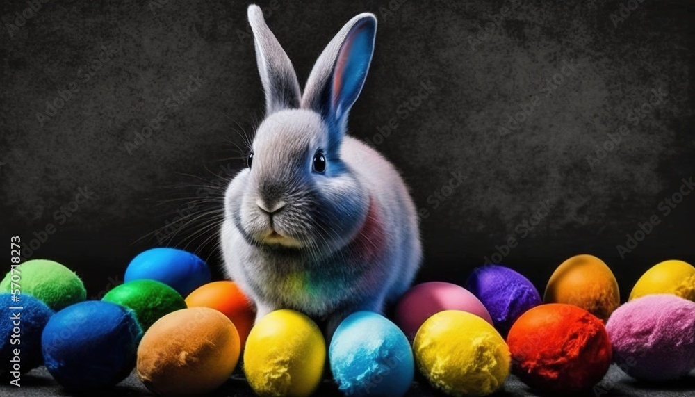  a rabbit sitting in front of a pile of colored eggs with a black background and a gray background b