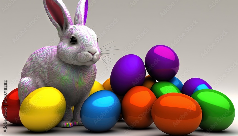  a rabbit sitting in front of a pile of colorful eggs on a gray background with a gray background be