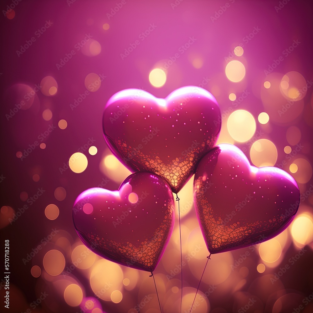  three heart shaped balloons floating in the air on a purple and pink background with boke of light 