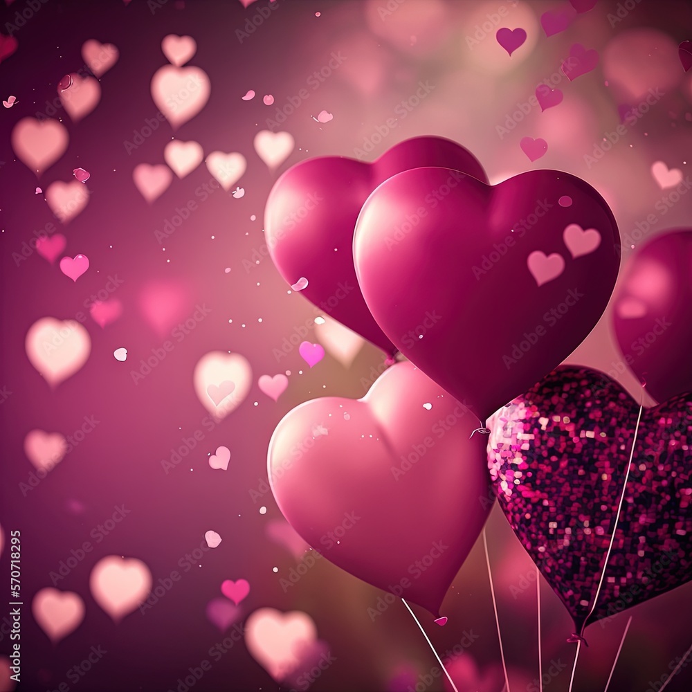  a bunch of heart shaped balloons floating in the air on a purple background with pink and pink hear