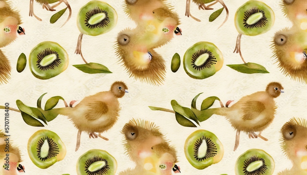  a painting of kiwis and kiwis with leaves on a white background with a light green circle of kiwis 