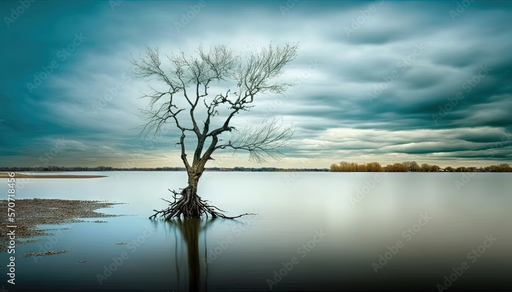  a lone tree is standing in the middle of a body of water under a cloudy sky with a few clouds in th