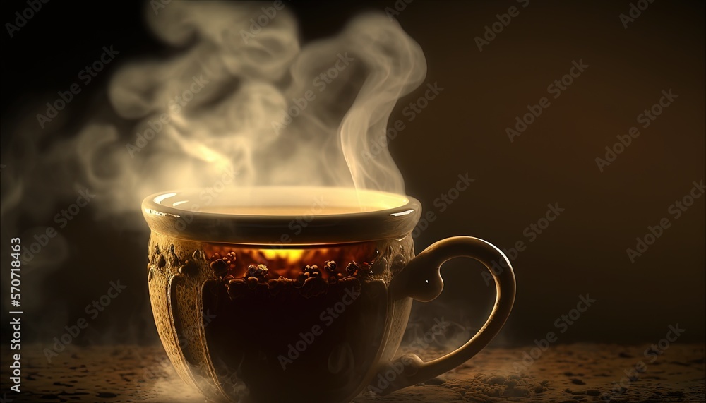  a steaming cup of coffee with steam rising out of the top of the cup and steam rising out of the bo