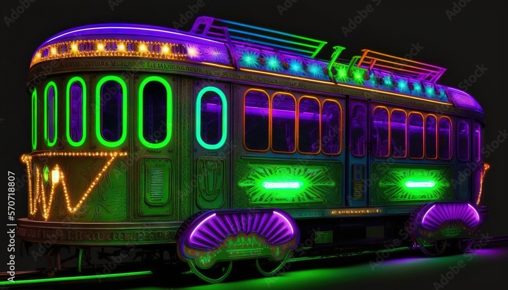  a trolley with neon lights on the side of its car is lit up in the night sky and has a green and p