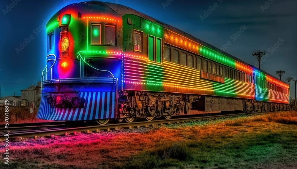  a train with a lot of lights on the side of its train cars on a track with grass and power lines i